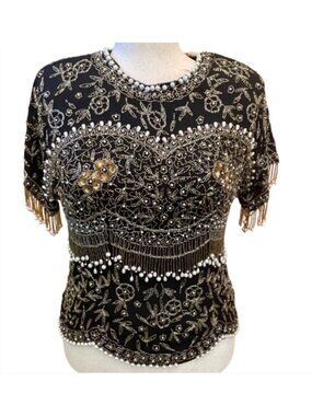 VTG Patra Silk Beaded Sequin Blouse Top Women's 16 Black Gold Pearl Flapper 80s
